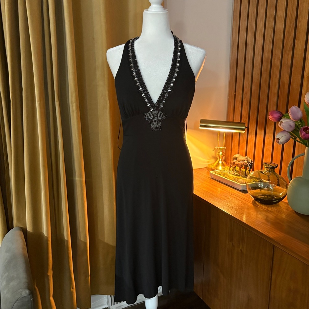 Vtg 90s Cache Black Beaded Halter Neck V-Neck Midi Cocktail Dress 30021 Womens 6